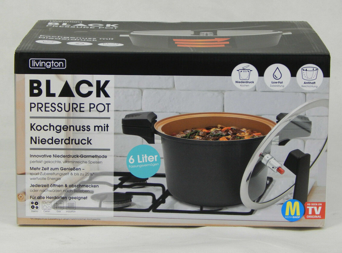 Livington Black Pressure Pot 6 L Dampfkochtopf Schnellkochtopf Kochen Topf