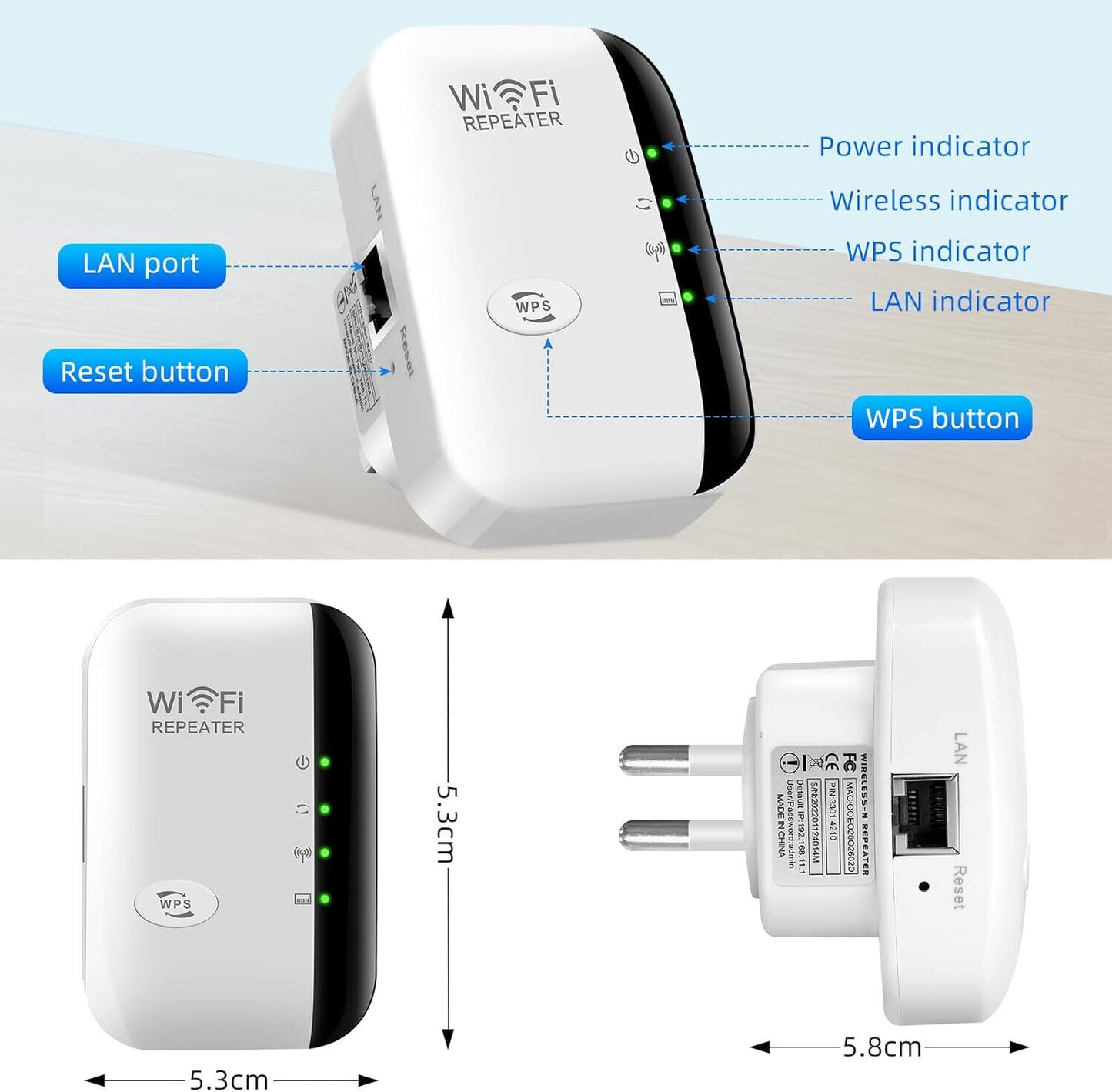 WLAN Repeater mit 300 Mbps - WLAN Verstärker WiFi Extender Booster 2,4GHz WiFi