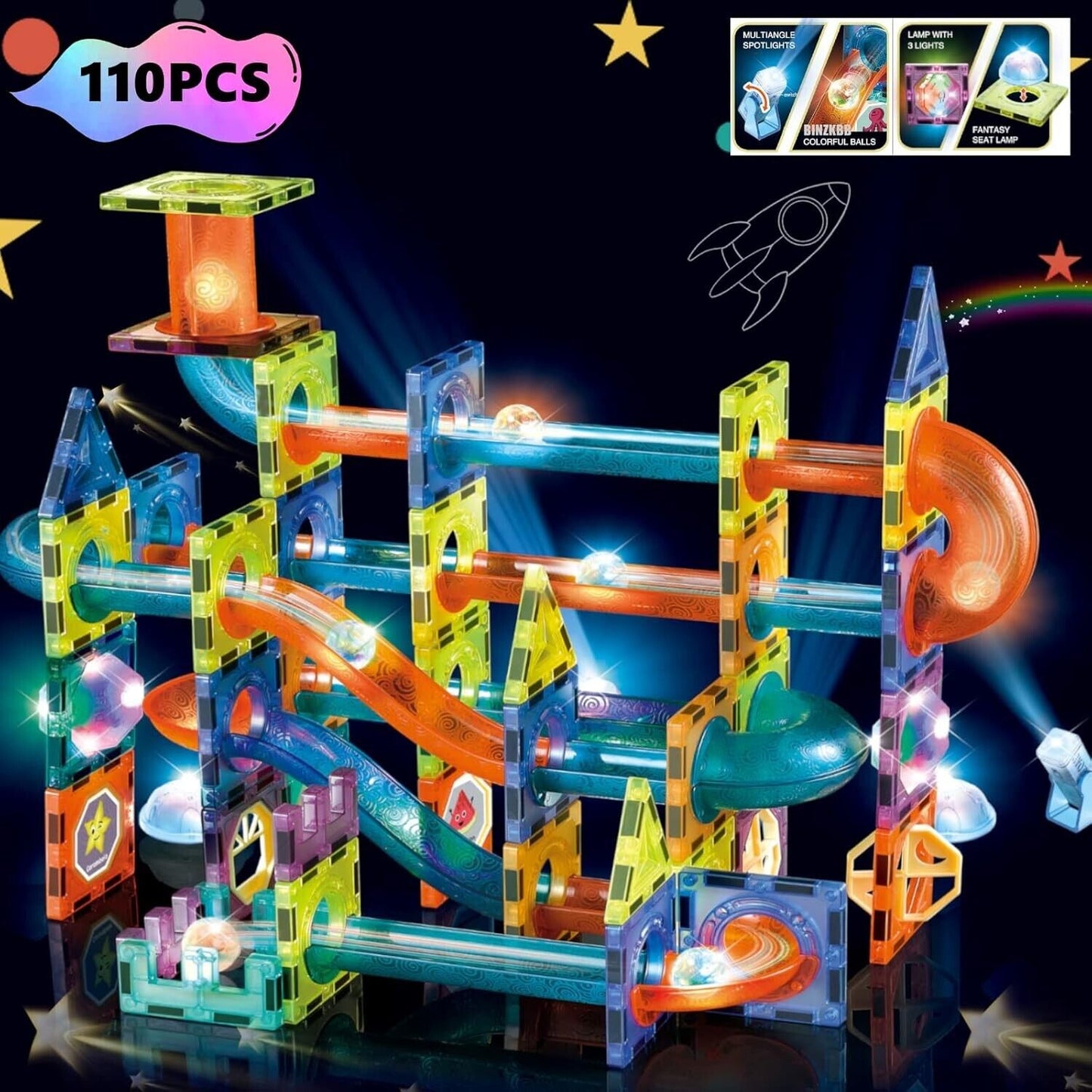 BINZKBB Licht magnetische Kacheln Bausteine für Kinder, 3D klare Lernspielzeuge,