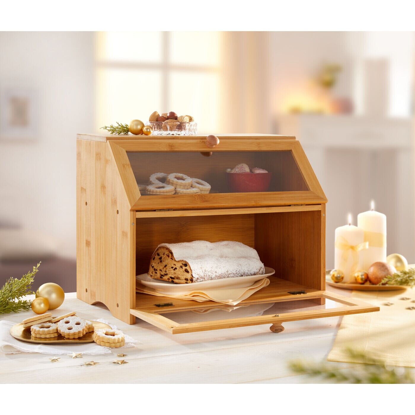 Brotkasten genialo Backwaren Theke 2 Fächer Organizer Aufbewahrung Holz Brotbox