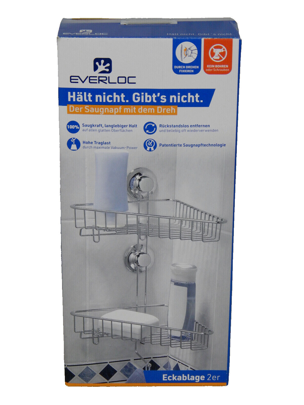 EverLoc Vacuum-System Eckablager 2er, Eckablage mit Saugnäpfen aus Metall Silber