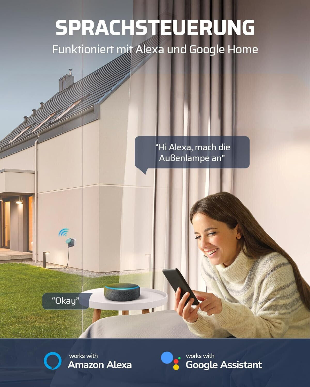 WLAN Steckdose Outdoor max. 3680W Alexa Smart Steckdose Aussen, IP44 Wasserdicht