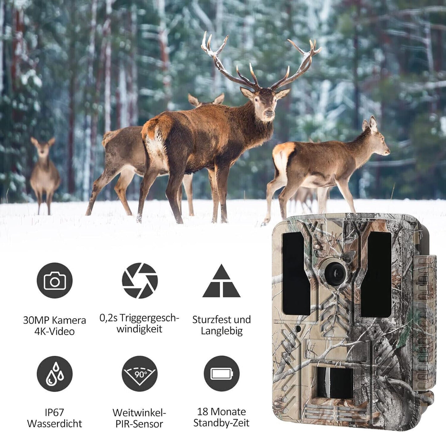 Wildkamera Jagdkamera 4K 30MP, Wildtierkamera mit Bewegungsmelder Nachtsicht