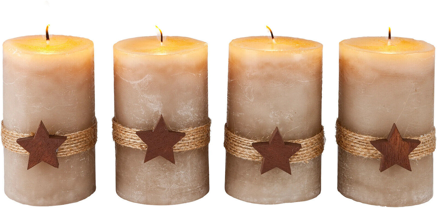 Stumpenkerzen "Natura Stars", 4er Set Kerze Advent Weihnachten Kerzen