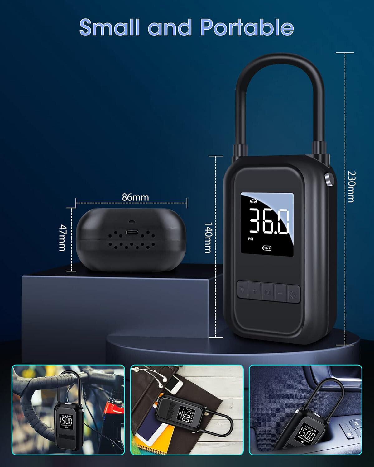 Portabler Akku-Kompressor für Fahrrad, Fußball, Reifen usw. 4000mAh in Schwarz