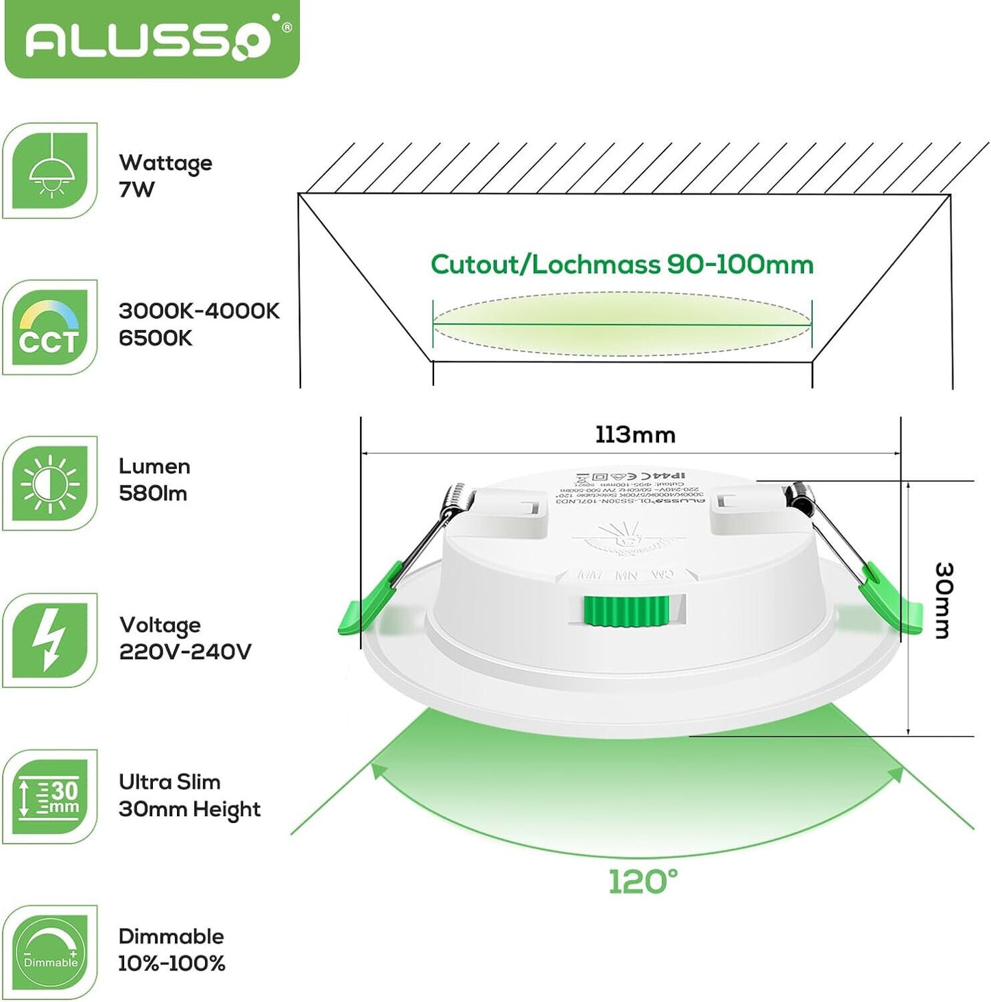 ALUSSO LED Einbaustrahler 230V 7W Dimmbar Ultra Flach Einbauleuchten, 580lm IP44