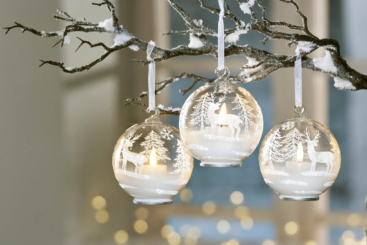 LED-Hängedeko "Winterwald" 3er-Set Weihnachtsdeko Dekoration Kugeln Glas