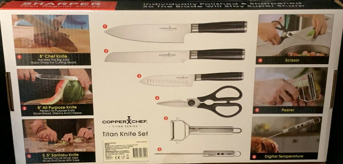 COPPER CHIEF TITAN Set Küchen Messer-Set mit Thermometer Schere & Sparschäler