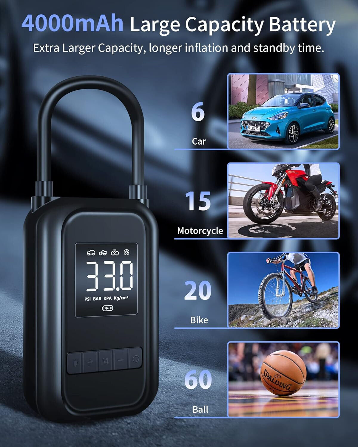 Portabler Akku-Kompressor für Fahrrad, Fußball, Reifen usw. 4000mAh in Schwarz