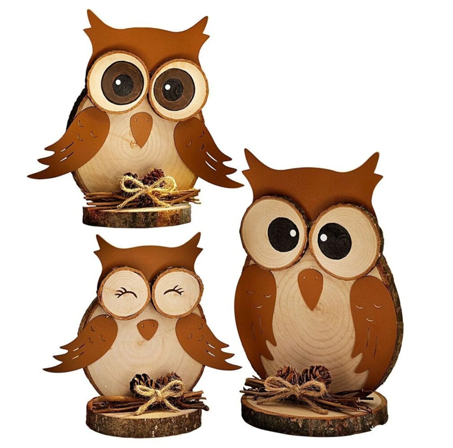 Niedliche Deko-Eulen "Familie Kauz" 3er-Set aus Holz und Metall