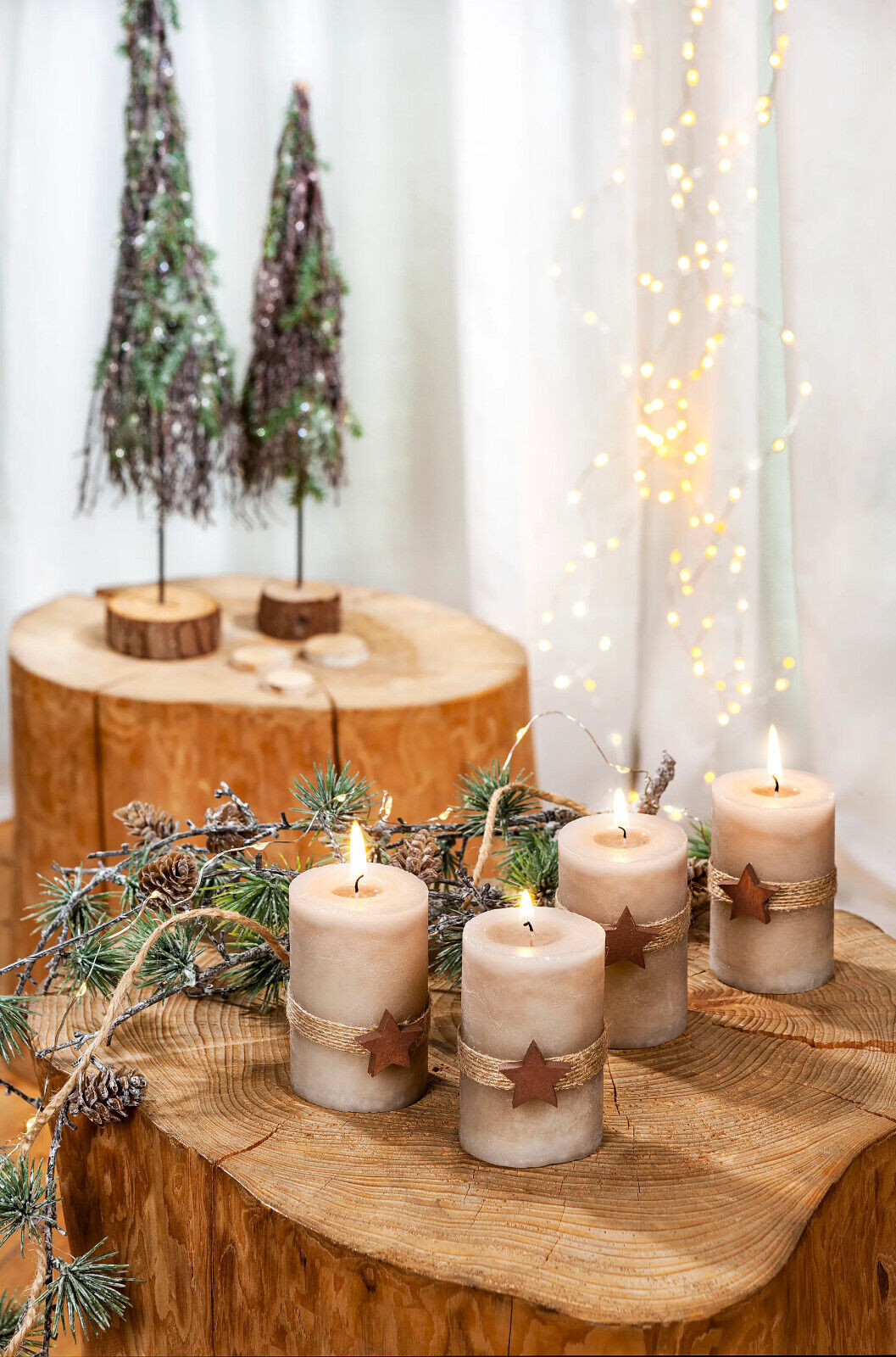 Stumpenkerzen "Natura Stars", 4er Set Kerze Advent Weihnachten Kerzen