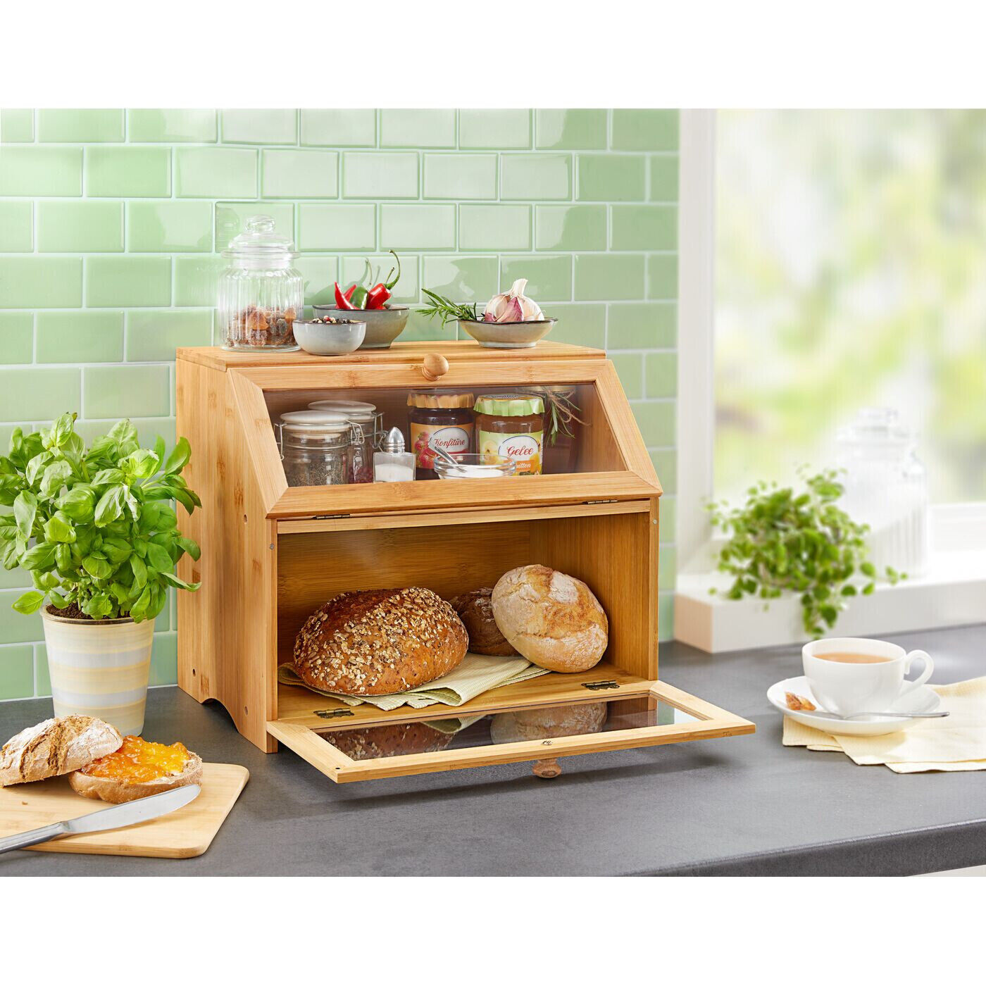 Brotkasten genialo Backwaren Theke 2 Fächer Organizer Aufbewahrung Holz Brotbox