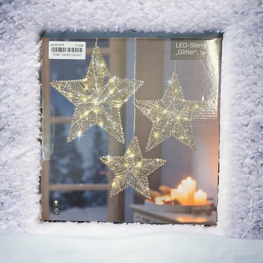  3 LED Hängedeko Sterne Glitzer Glitter Kupfer Gold Silber Timer Weihnachtsdeko