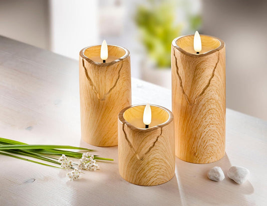 LED Kerzen Wood Holzoptik 3er Set Dekoration Beleuchtung natur