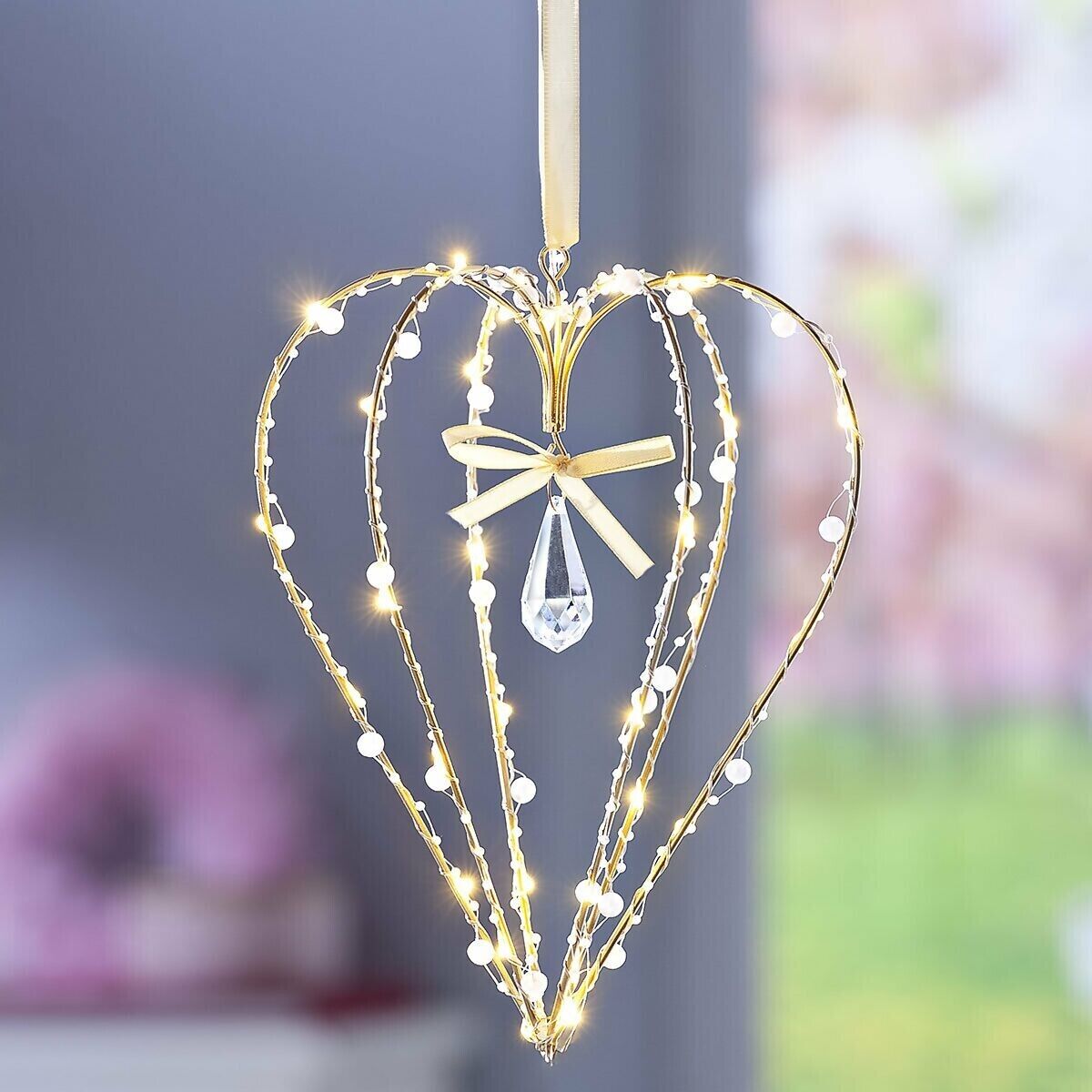 LED-Hängedeko Herz mit Perlen, 30 LEDs