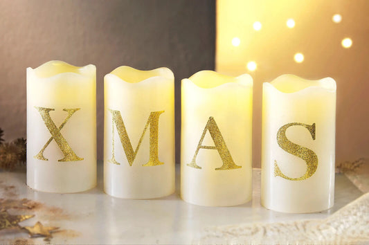LED-Echtwachskerzen "XMAS" 4er-Set