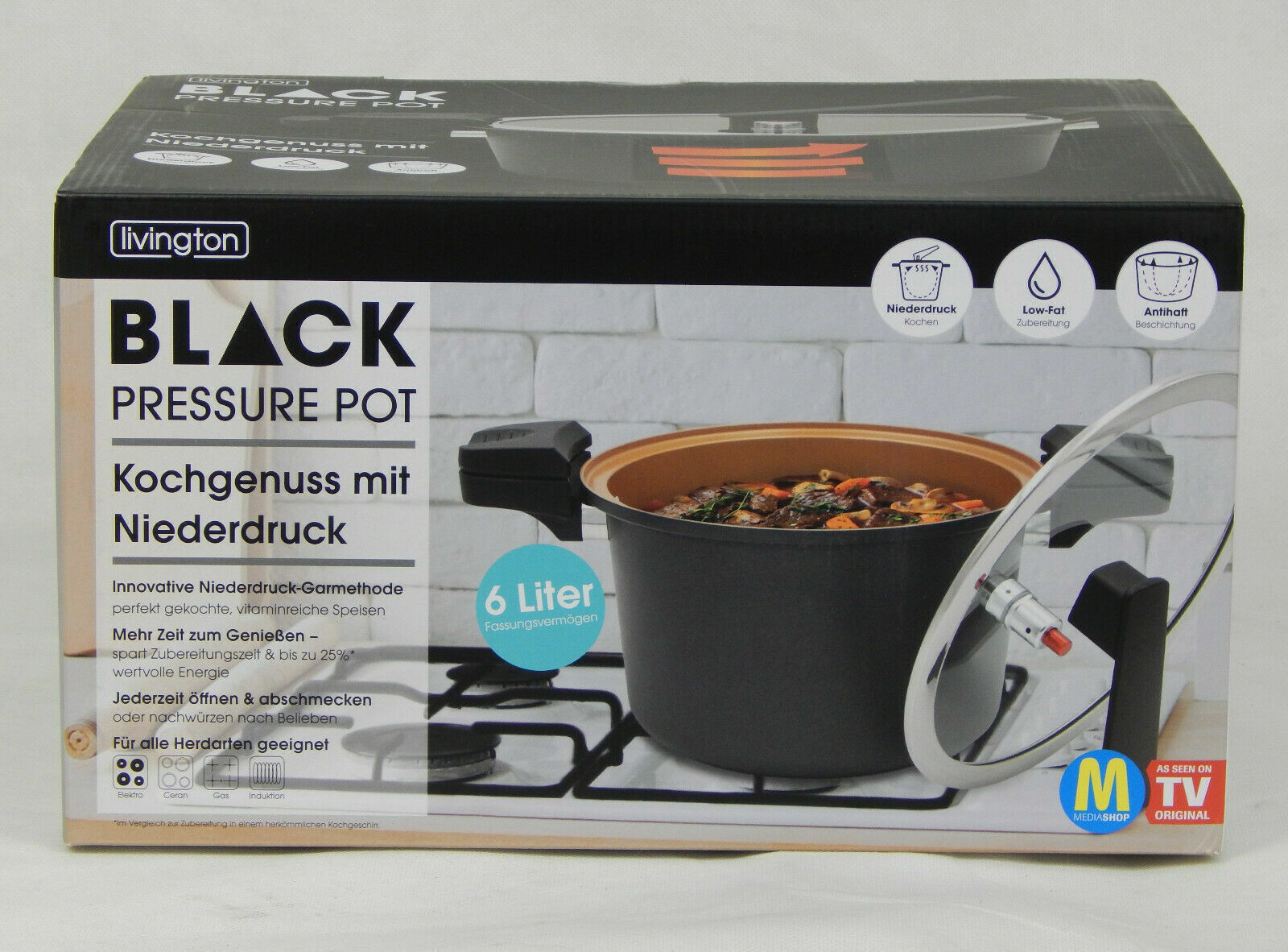 Livington Black Pressure Pot 6 L Dampfkochtopf Schnellkochtopf Kochen Topf