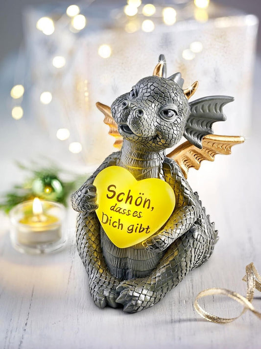 Drache "Kani" LED-Herz Höhe Glücksdrache Lichterherz ca. 16,5 cm Schwarz