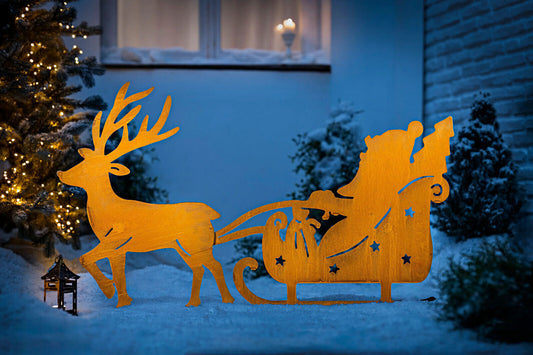 Gartenstecker "Weihnachtsmann mit Schlitten" aus Metall in Rostoptik Advent Deko