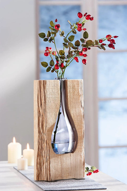 „Blumenvase "Wood", 33 cm “ Kunstvolle Vase im Naturlook Holz und Glas