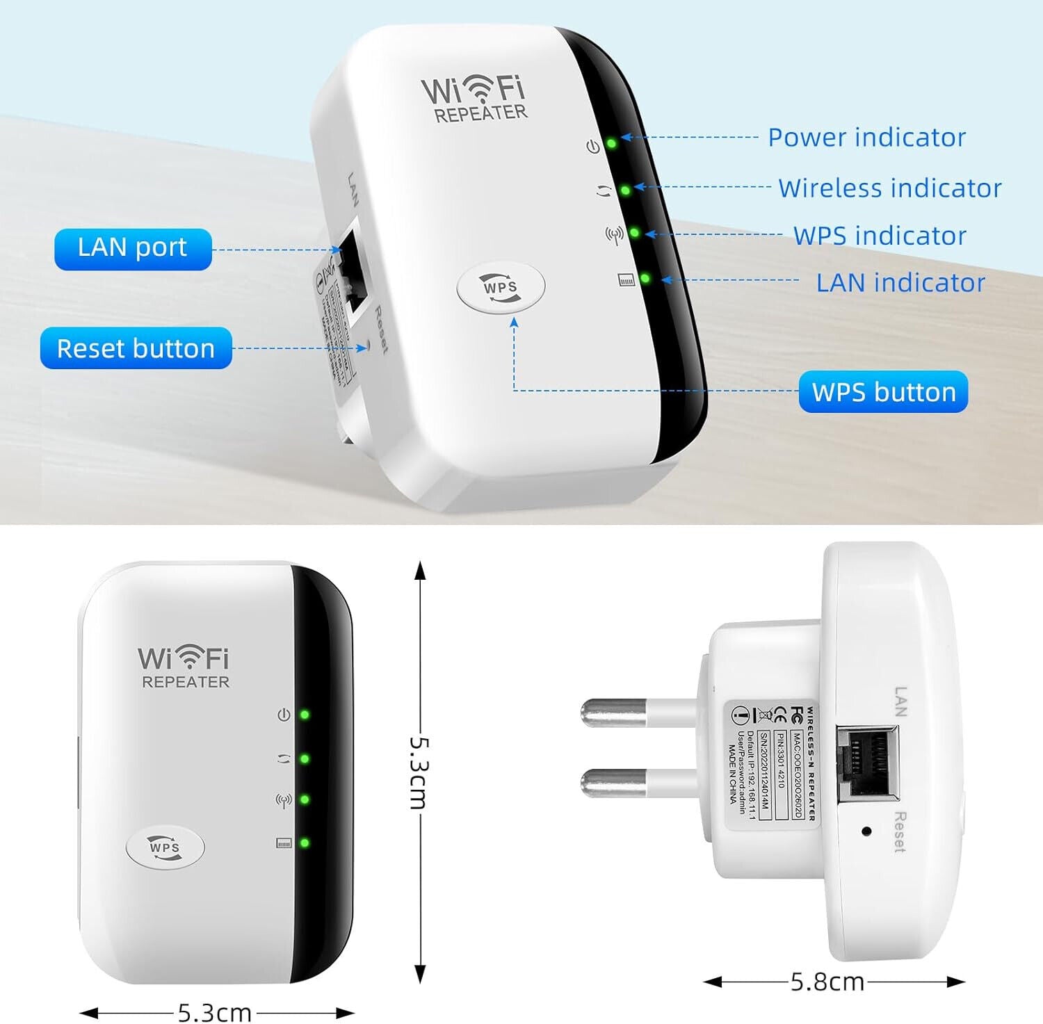 WLAN Repeater mit 300 Mbps - WLAN Verstärker WiFi Extender Booster 2,4GHz WiFi