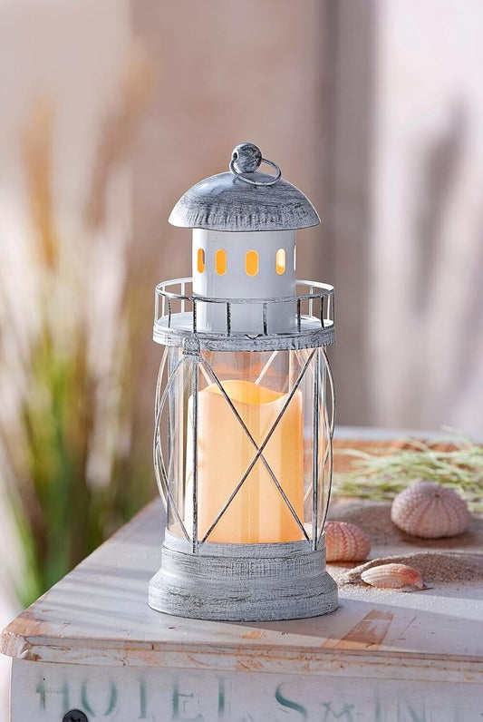 Laterne "Leuchtturm" mit LED-Kerze - Stimmungsvolle Lichtdeko im maritimen Look,