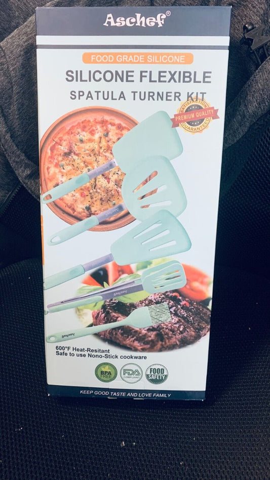Aschef 5er Kratzfester Pfannenwender Spatel Grillzange Set aus Silikon & Edelsta