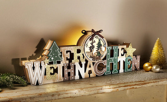 LED-Schriftzug "Frohe Weihnachten" Weihnachtsdeko Dekoration Wohnung Winter Holz