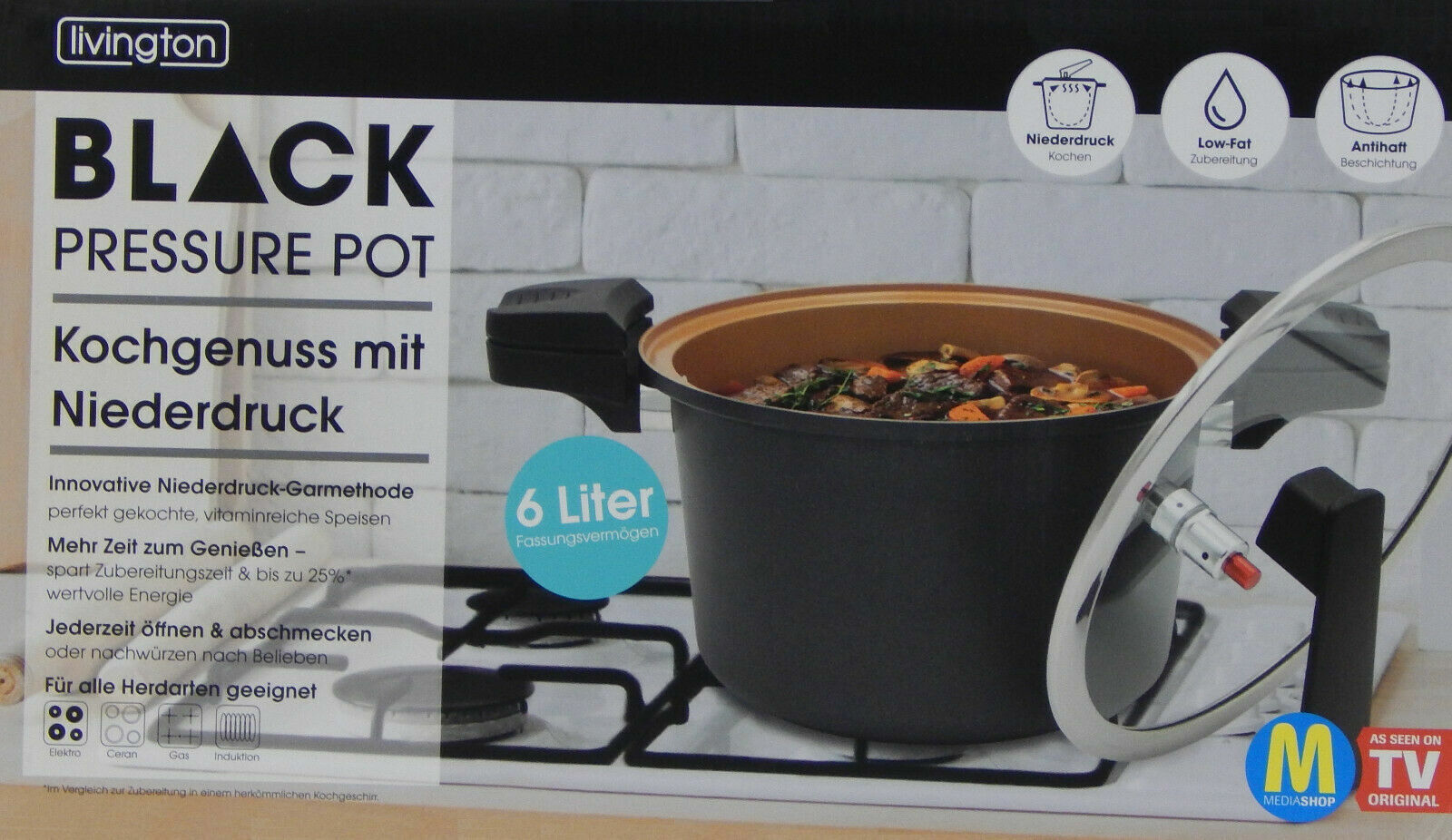Livington Black Pressure Pot 6 L Dampfkochtopf Schnellkochtopf Kochen Topf