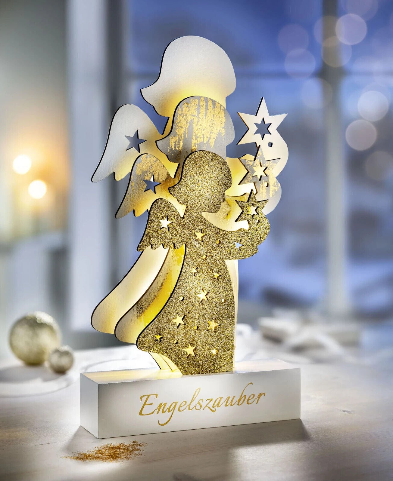 LED-Engel "Wintergold" 30 cm LED Advent Deko Weihnachtsdeko Dekoration aus Holz