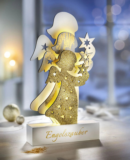 LED-Engel "Wintergold" 30 cm LED Advent Deko Weihnachtsdeko Dekoration aus Holz