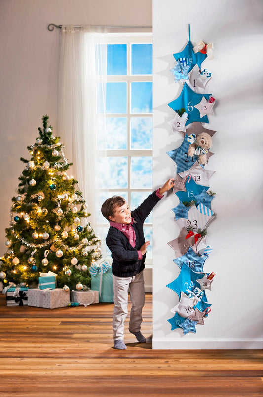 Adventskalender Stars Hängen Selbstbefüllen Geschmückt Türkis 35 x 200cm in Blau