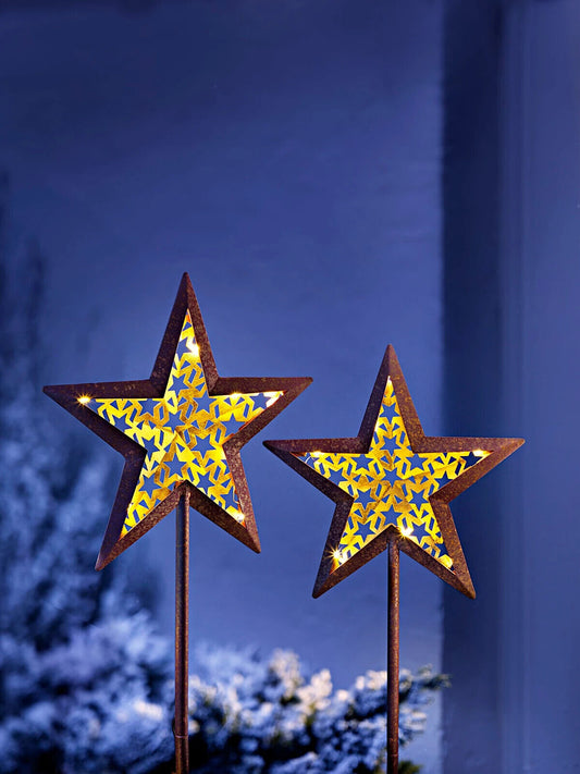 LED Gartenstecker Stern Weihnachten Deko Rost Gold Beleuchtung Außen Garten Topf