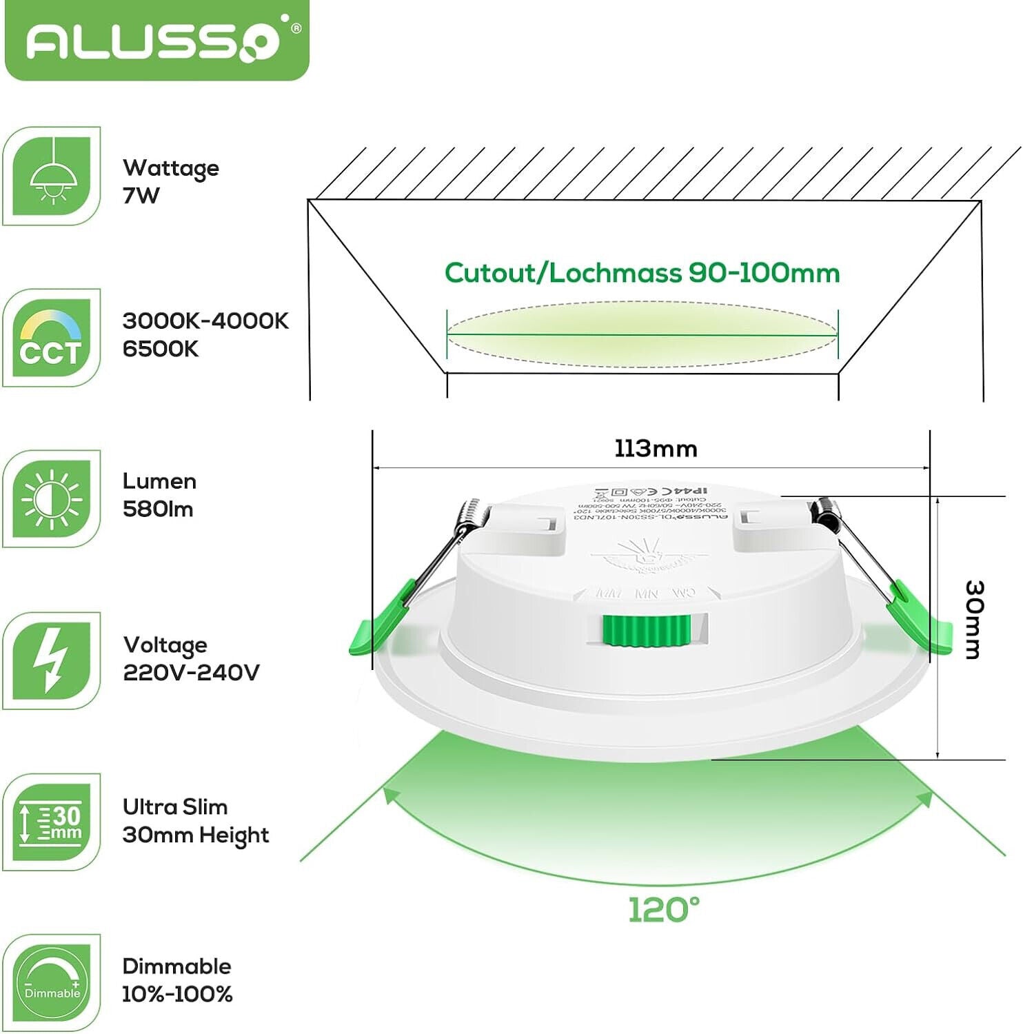 ALUSSO LED Einbaustrahler 230V 7W Dimmbar Ultra Flach Einbauleuchten, 580lm IP44