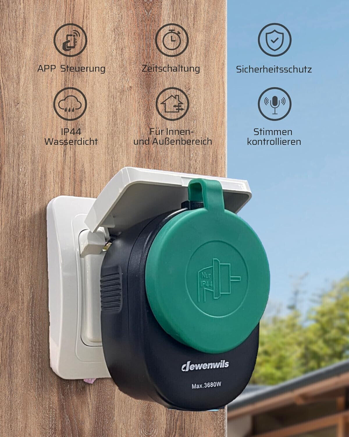 WLAN Steckdose Outdoor max. 3680W Alexa Smart Steckdose Aussen, IP44 Wasserdicht