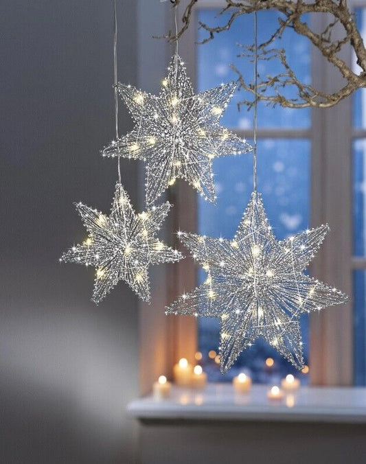 LED-Sterne "Silver Star", 3er-Set “      3 Lichtersterne in funkelndem Silber