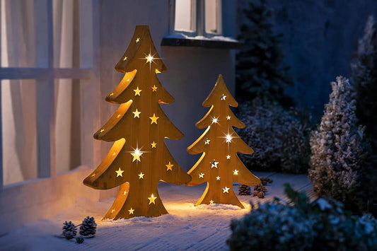 Tannenbaum mit LED-Lichterkette (Größe: 80 cm) Garten Deko aus Metall in Braun