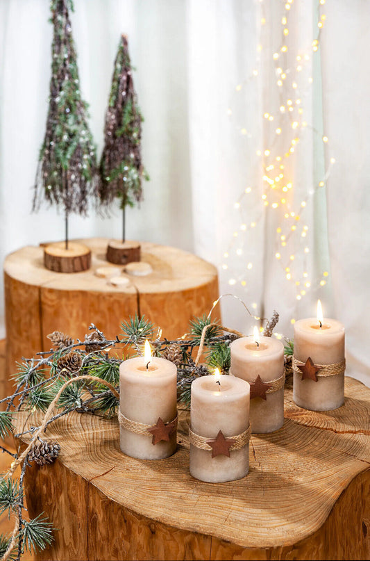 Stumpenkerzen "Natura Stars", 4er Set Kerze Advent Weihnachten Kerzen